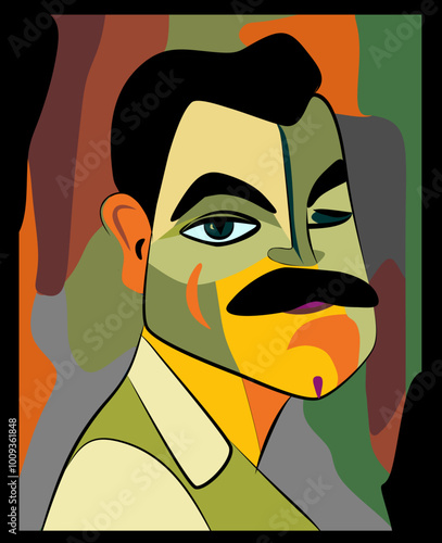 A stylized portrait of a man with a mustache features bold, geometric shapes and vibrant colors.against an abstract background with shades of green, orange, and brown.