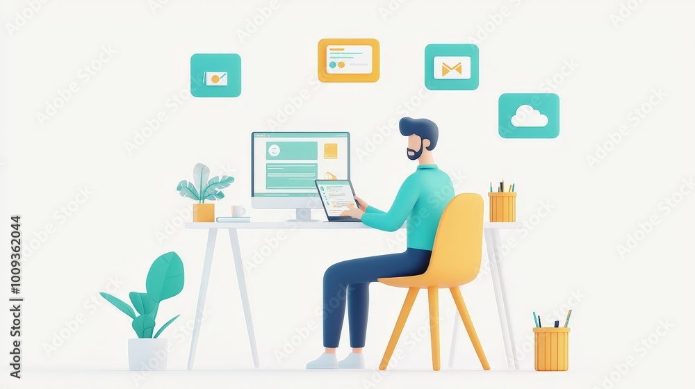 3D Illustration of a Man Working on a Computer in a Modern Office 3D Illustration of a Man Working on a Computer in a Modern Office
