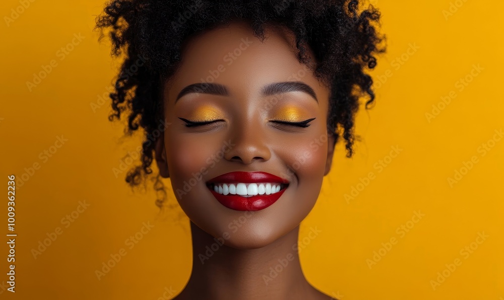 Happy african woman with makeup smiling with her eyes closed, Generative AI Happy african woman with makeup smiling with her eyes closed, Generative AI