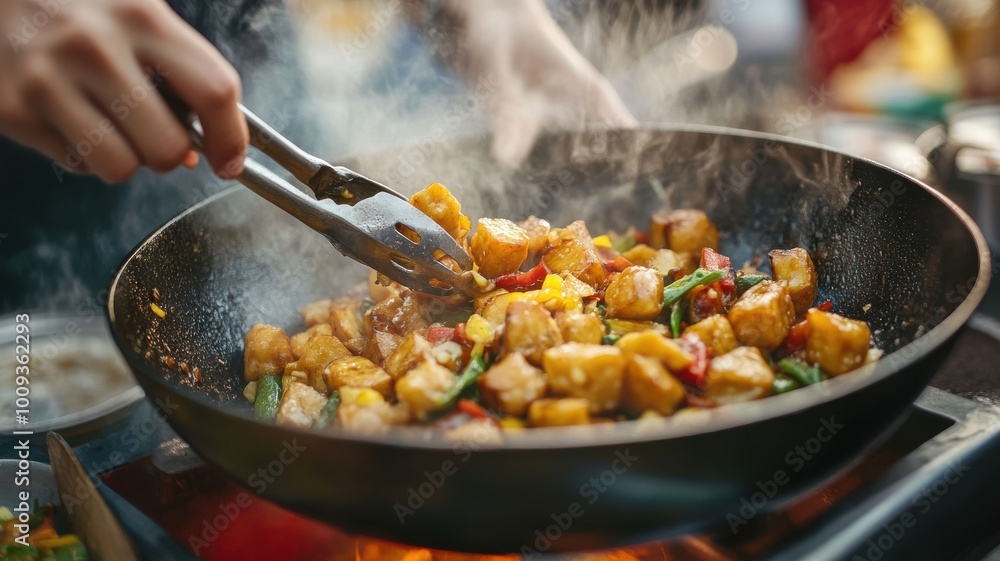 A person is cooking food in a pan with a lot of vegetables and meat A person is cooking food in a pan with a lot of vegetables and meat