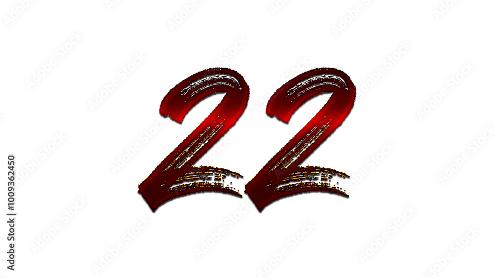 3D blood red number design of 22 on white background. 3D blood red number design of 22 on white background.