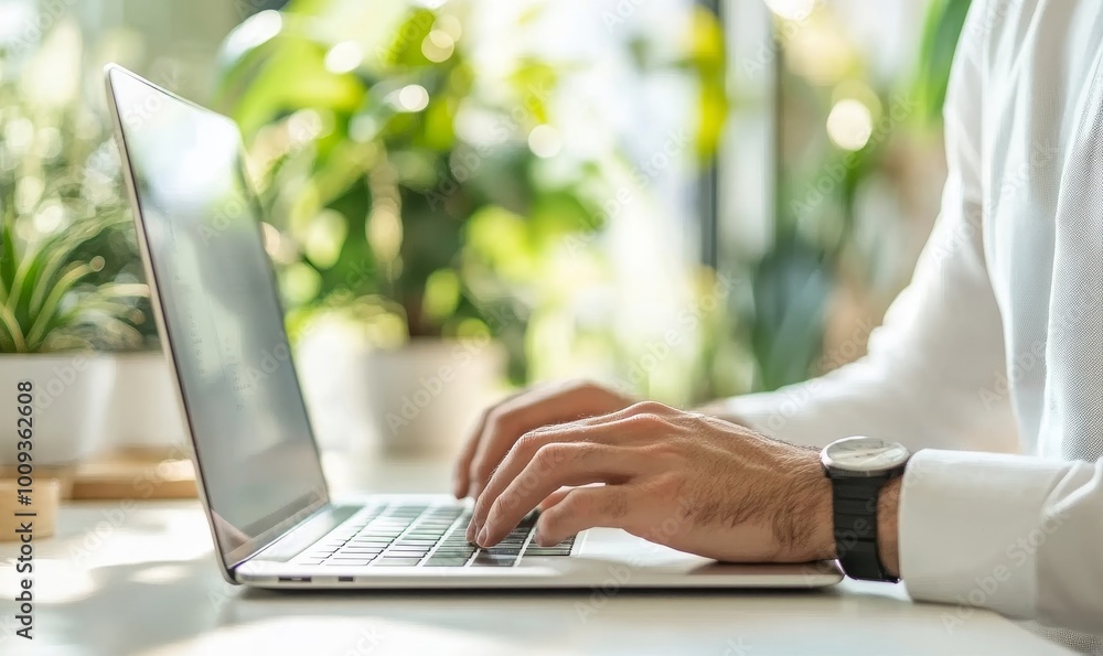 Fototapeta premium Marketing professional typing on his laptop in his home office, Generative AI