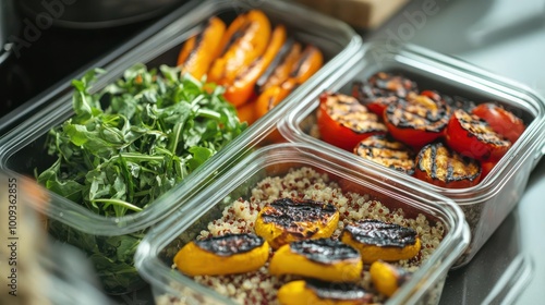 A colorful assortment of grilled vegetables, greens, and quinoa in meal prep containers. photo