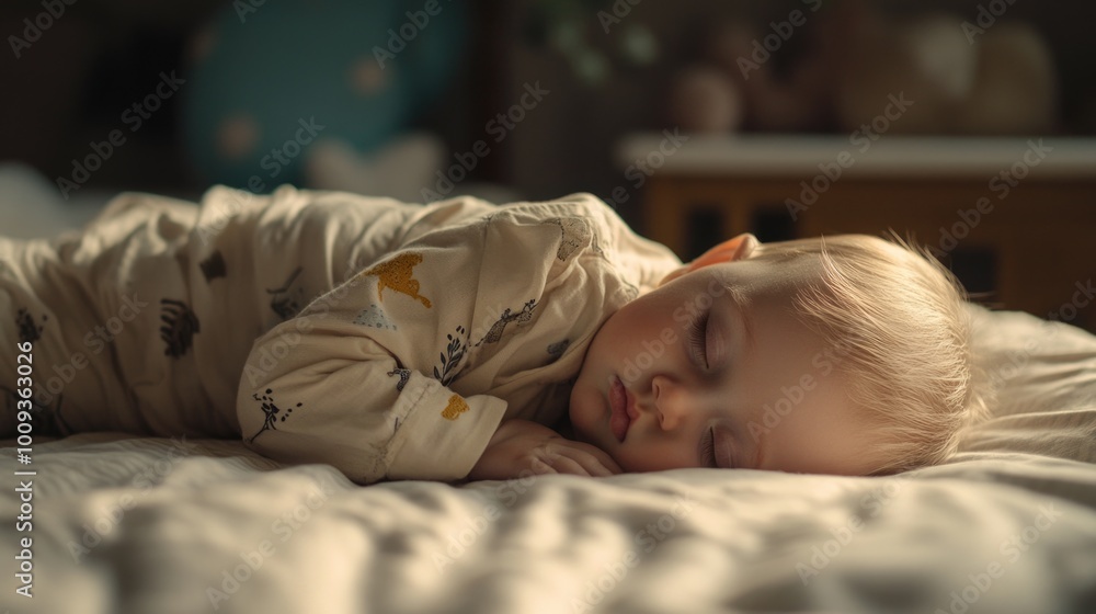 A young child is asleep on a bed with a calm expression A young child is asleep on a bed with a calm expression
