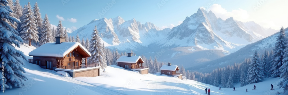 Serene winter landscape featuring charming wooden cabins surrounded by snow-covered mountains, perfect for travel, vacation, and outdoor lifestyle themes. Serene winter landscape featuring charming wooden cabins surrounded by snow-covered mountains, perfect for travel, vacation, and outdoor lifestyle themes.