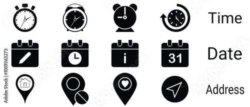 Time, date and address icon set. Clock, calendar, location pin.  isolated on white background. Vector illustration.
