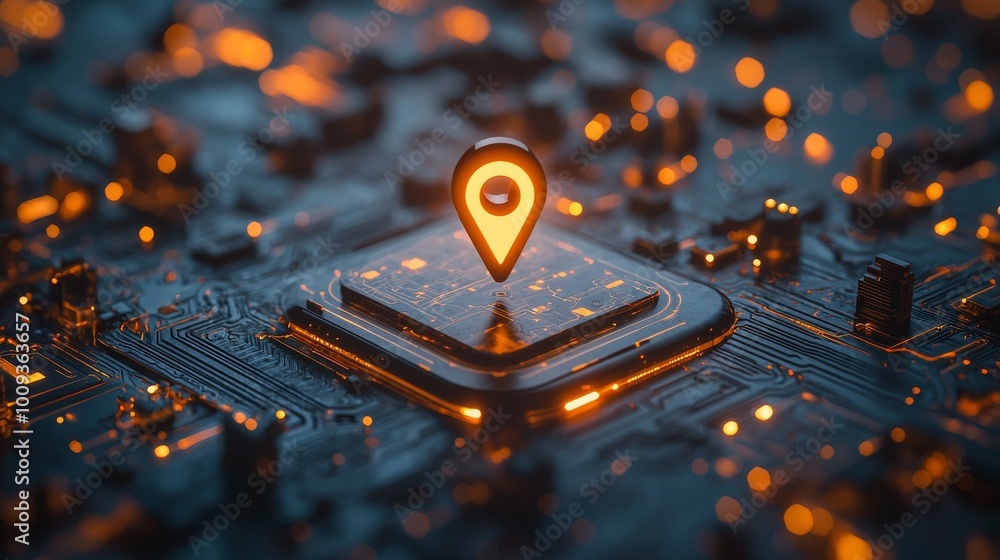 A futuristic digital map interface featuring a glowing location pin on a circuit board background, symbolizing advanced navigation technology and connectivity in the digital age A futuristic digital map interface featuring a glowing location pin on a circuit board background, symbolizing advanced navigation technology and connectivity in the digital age