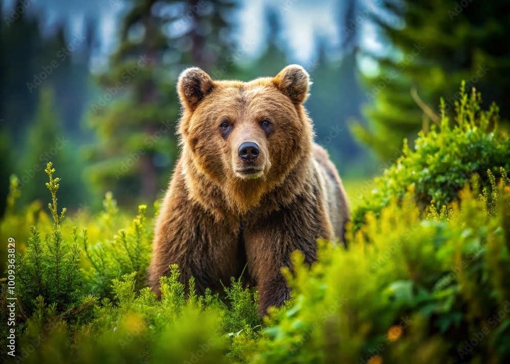Fototapeta premium Majestic Bear Roaming in the Wild Amongst Lush Greenery and Vibrant Nature Landscape Background