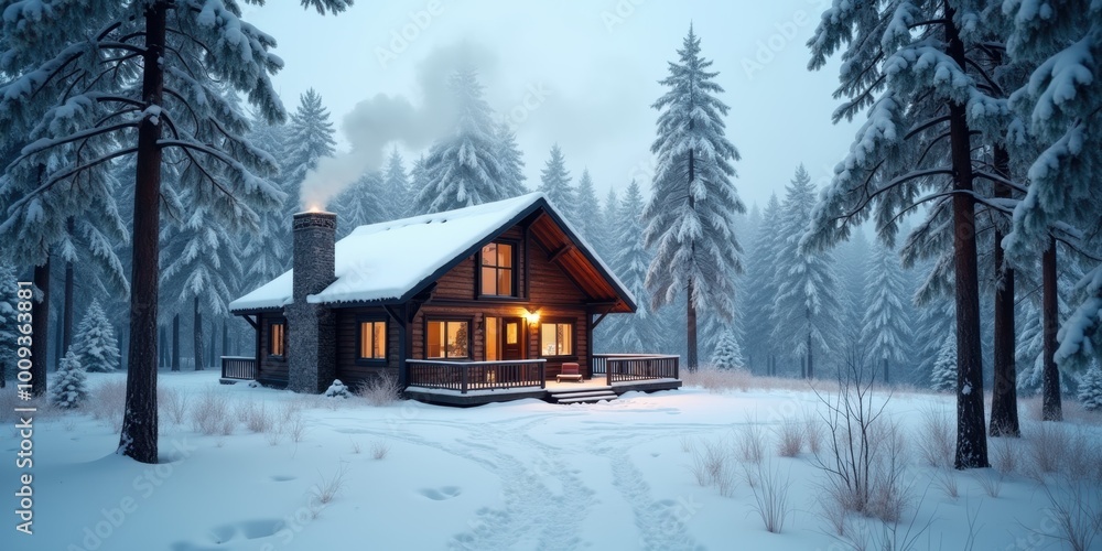 A cozy cabin nestled in a snowy forest, with warm light shining from the windows, creating a peaceful winter retreat atmosphere. A cozy cabin nestled in a snowy forest, with warm light shining from the windows, creating a peaceful winter retreat atmosphere.