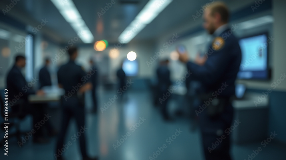 A blurred image of a group of police officers in uniform gathered in a corridor A blurred image of a group of police officers in uniform gathered in a corridor
