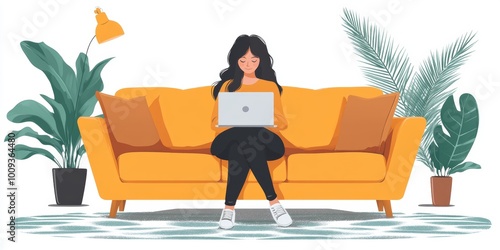 Female freelancer working from her couch, Generative AI