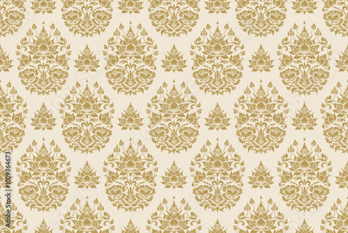 Seamless Gold Traditional Thai Floral Pattern with Lotus Motif on Beige Background, Ornamental Damask Design for Luxury Wallpaper, Textile, and Decorative Elements in Classic Style for Interior Decor