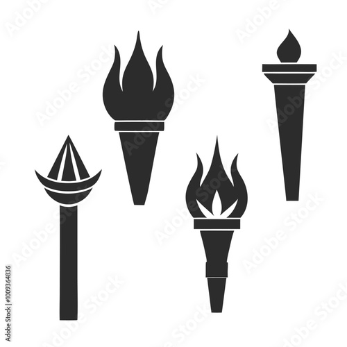 Set of solid black torch vector icons with unique flame and handle designs in silhouette style.
Torch icon set in solid black silhouette style, ideal for logos, emblems, or decorative elements.