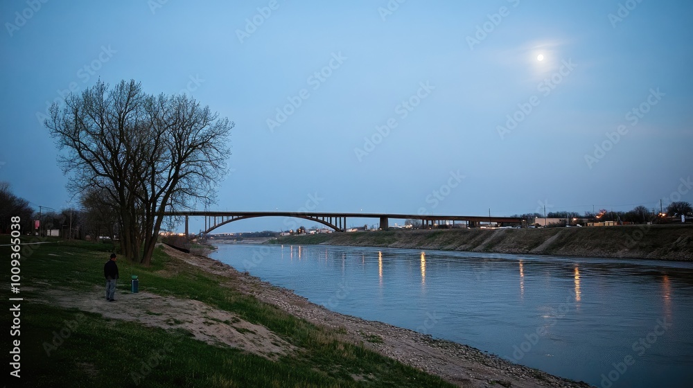 A tranquil reflection of a treeas shadow on water, illuminated by the full moon, with the silhouette of a man fishing softly outlined, no people. A tranquil reflection of a treeas shadow on water, illuminated by the full moon, with the silhouette of a man fishing softly outlined, no people.