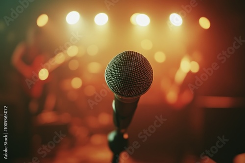 A microphone on a stand with colorful lights in the background, suitable for music performances or presentations photo