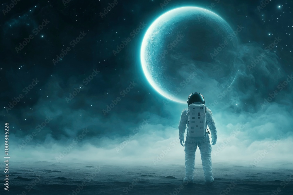 Astronaut standing on the edge of space, gazing at distant planets. Astronaut standing on the edge of space, gazing at distant planets.