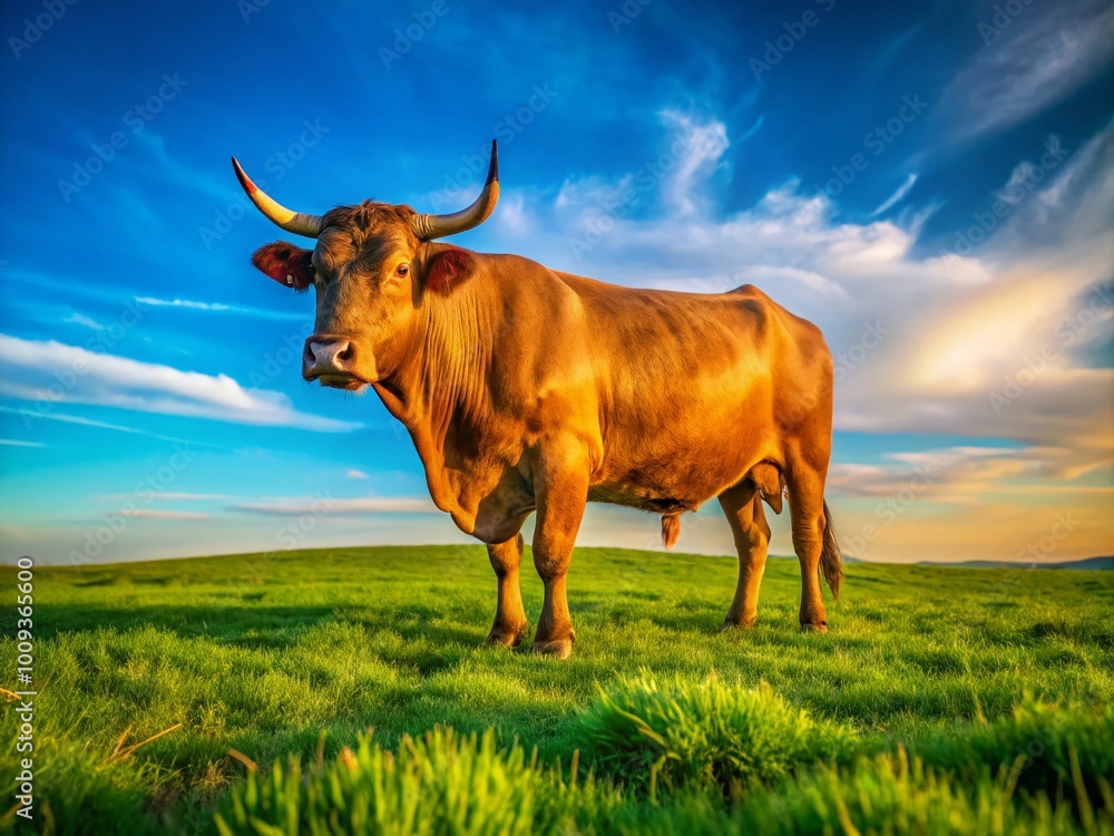 Majestic bull grazing peacefully in a vibrant green pasture under a clear blue sky on a sunny day Majestic bull grazing peacefully in a vibrant green pasture under a clear blue sky on a sunny day