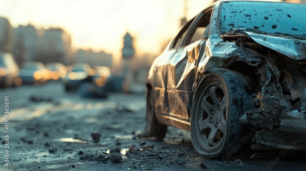A car left by the side of the road, possibly broken down or in disrepair