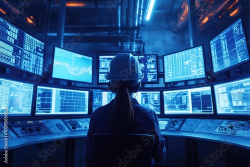 Man working on computer equipment, surrounded by multiple screens and devices