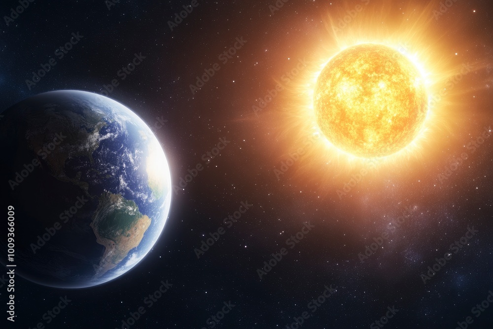 The glowing sun and the earth on the side with dark space background The glowing sun and the earth on the side with dark space background