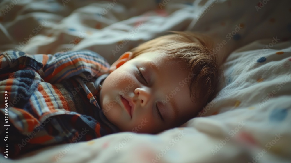 A small child is peacefully sleeping on a bed A small child is peacefully sleeping on a bed