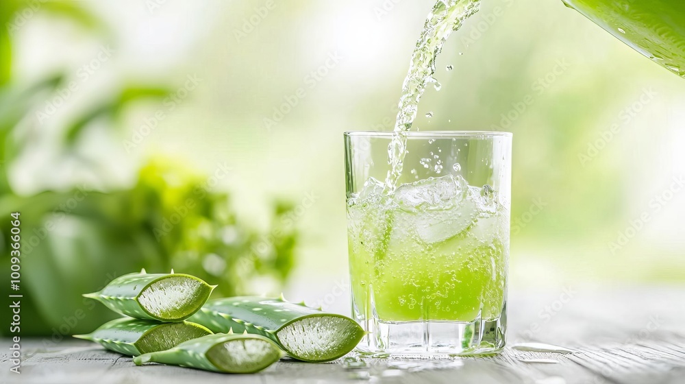 Aloe vera juice being poured into a glass over ice, with the splash captured in mid-air, highlighting the refreshing and hydrating qualities of the drink Aloe vera juice being poured into a glass over ice, with the splash captured in mid-air, highlighting the refreshing and hydrating qualities of the drink