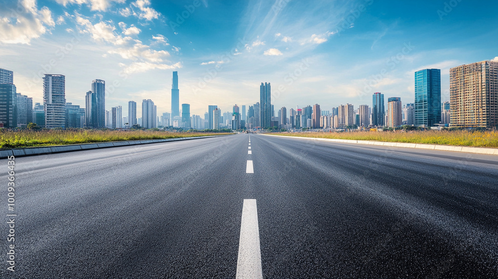 A highway leading to the city skyline. A highway leading to the city skyline.