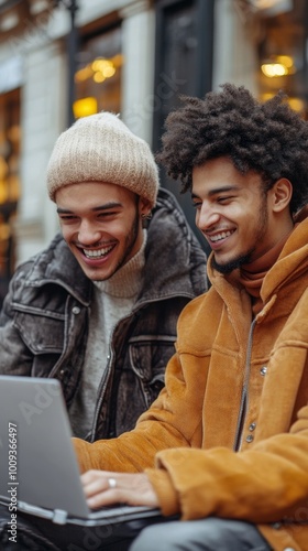 Happy gay couple video calling their friends on a laptop, Generative AI