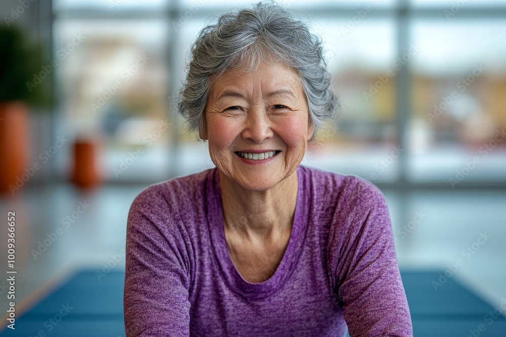 Senior woman smiling at the camera on a yoga mat, Generative AI Senior woman smiling at the camera on a yoga mat, Generative AI