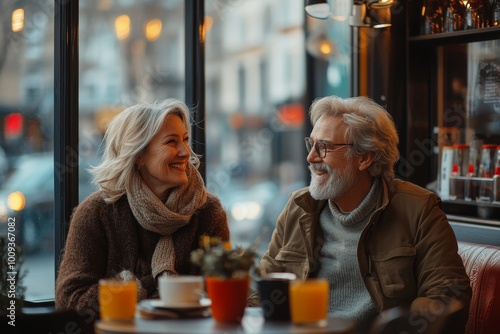 Mature couple enjoying themselves in a coffee shop, Generative AI
