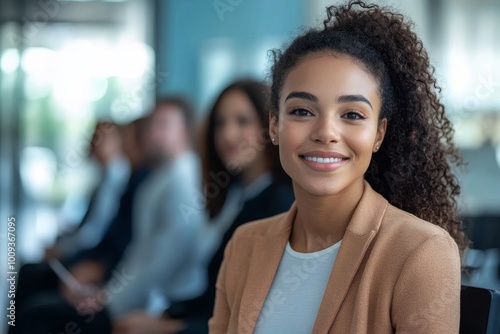 Cheerful job applicants standing in a waiting area, Generative AI