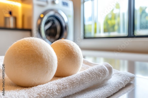 Soft white wool dryer balls placed on a towel in a modern laundry room with a washing machine in the background.