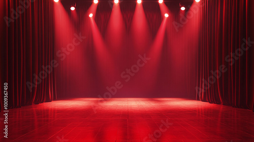 red empty stage with spotlights and curtain