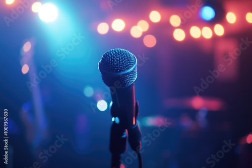 A microphone on a stand in front of a stage, ready for performance or presentation