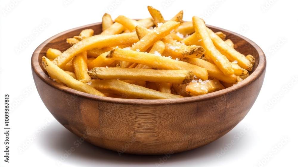 Crispy Golden French Fries in Wooden Bowl Crispy Golden French Fries in Wooden Bowl