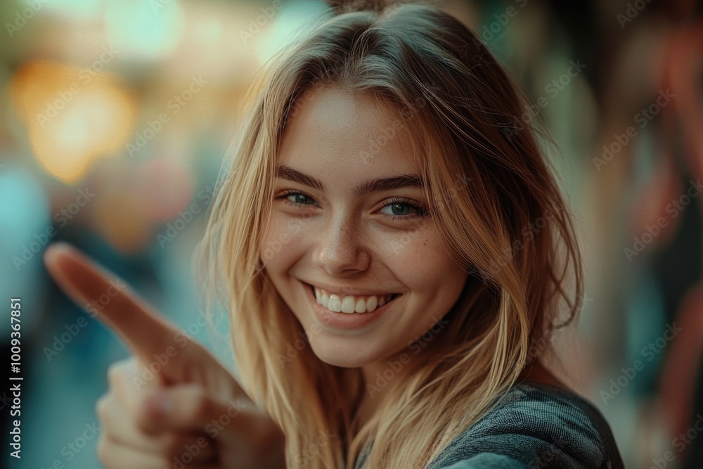 Fototapeta premium A woman smiles and points at the camera, conveying friendliness