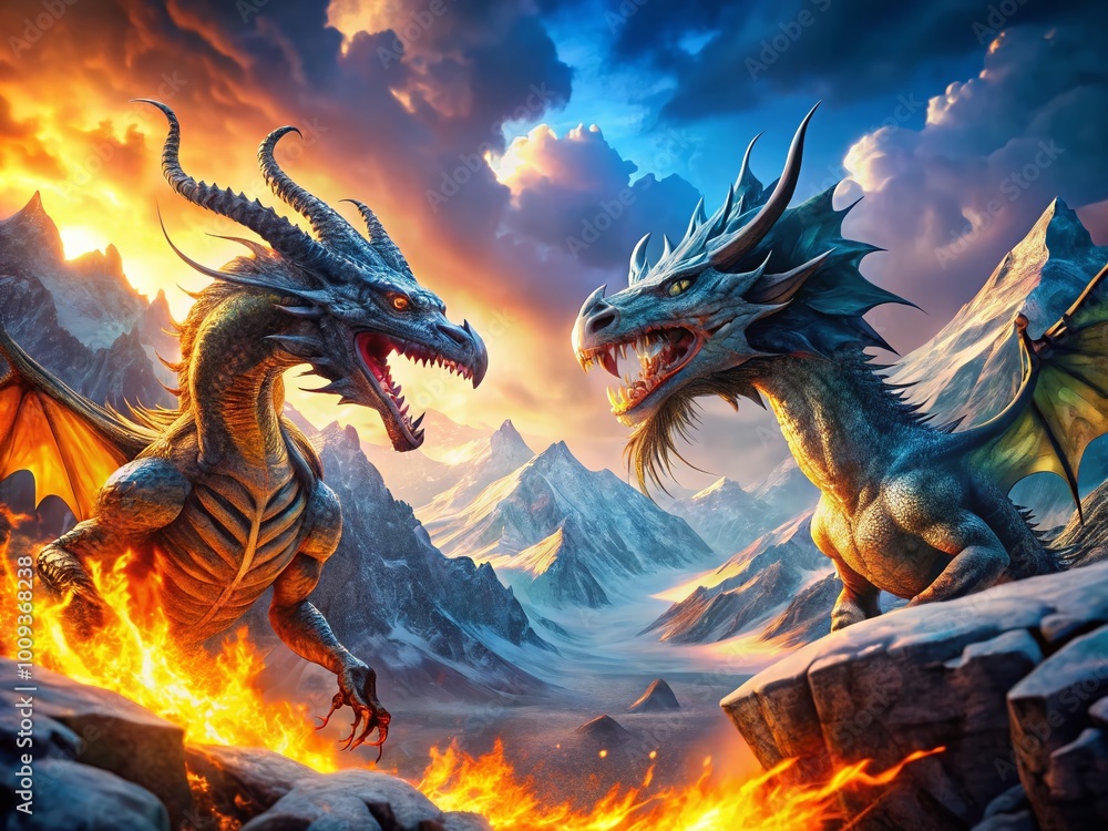 Majestic Dragons Battling in a Fiery Landscape of Flames and Icy Mountains Under a Dark Sky Majestic Dragons Battling in a Fiery Landscape of Flames and Icy Mountains Under a Dark Sky