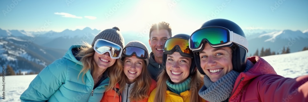 A lively group of friends enjoying a sunny day on the slopes, showcasing winter sports and adventure in a breathtaking mountain landscape. A lively group of friends enjoying a sunny day on the slopes, showcasing winter sports and adventure in a breathtaking mountain landscape.