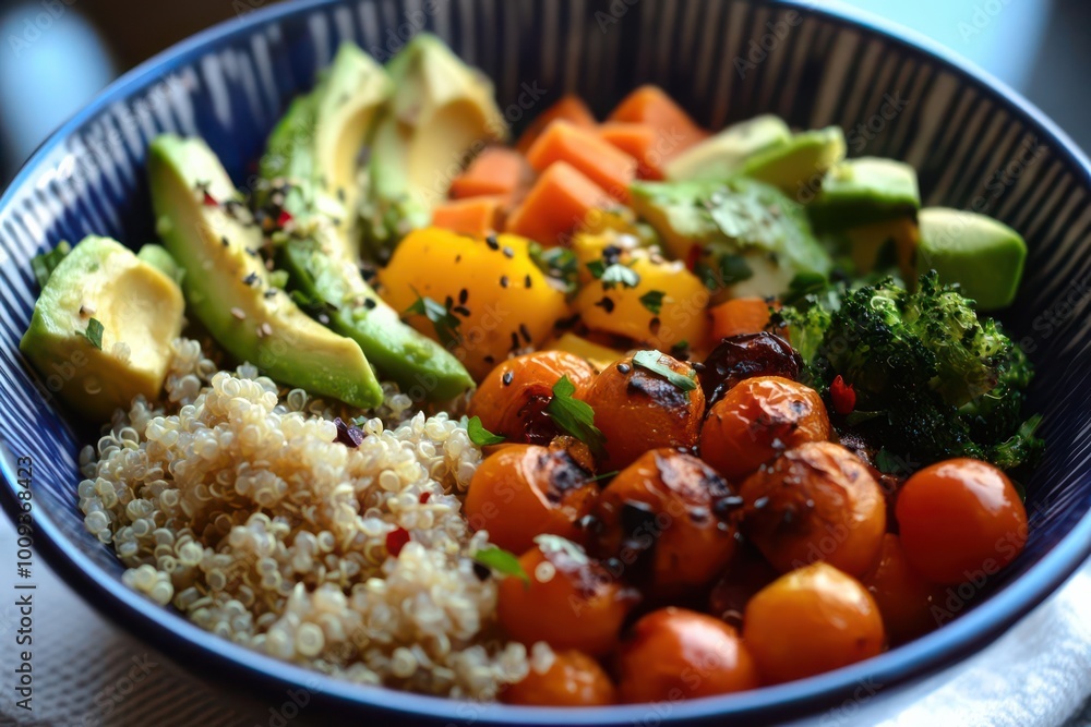 A colorful bowl featuring quinoa, grilled tomatoes, avocado, and assorted vegetables. A colorful bowl featuring quinoa, grilled tomatoes, avocado, and assorted vegetables.