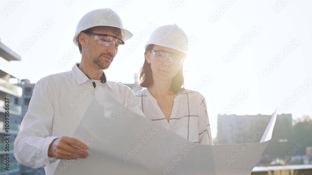 Two architects, wearing safety helmets and glasses, are examining blueprints at a construction site during sunrise or sunset, front view. Architecture and engineering concepts Two architects, wearing safety helmets and glasses, are examining blueprints at a construction site during sunrise or sunset, front view. Architecture and engineering concepts