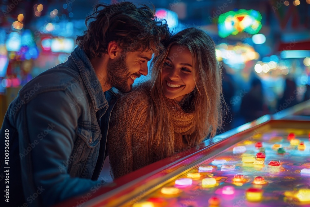 Happy couple playing coin operated air hockey game at a gaming p, Generative AI Happy couple playing coin operated air hockey game at a gaming p, Generative AI