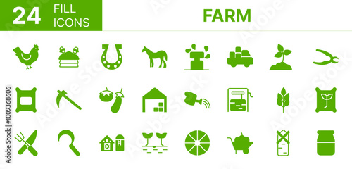 Collection of 24 farm fill icons featuring editable strokes. These outline icons depict various modes of farm, Organic, Plant, Rural, Tractor, Wheat, Animal, 