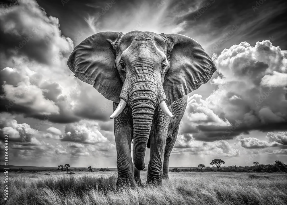 Fototapeta premium Majestic Elephant in Black and White Capturing the Beauty and Power of Nature's Gentle Giant