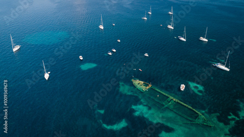 Aerial view of shipwreck Michelle near the island Dugi otok in Adriatic sea, Croatia