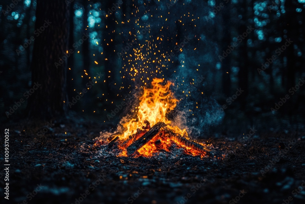 A campsite in a dense forest with a burning fire, surrounded by trees and potentially useful for outdoor adventures or wilderness scenes A campsite in a dense forest with a burning fire, surrounded by trees and potentially useful for outdoor adventures or wilderness scenes