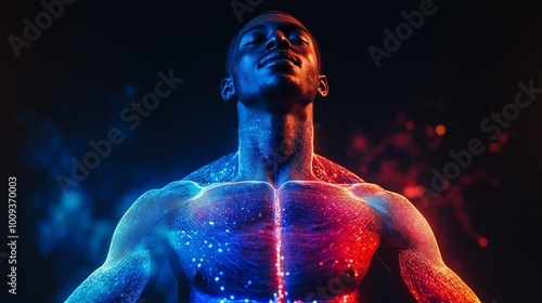 3D body scan of an athlete showing muscles and nutrient absorption pathways, illustrating the science of fitness and nutrition