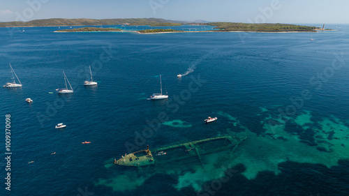 Aerial view of shipwreck Michelle near the island Dugi otok in Adriatic sea, Croatia photo