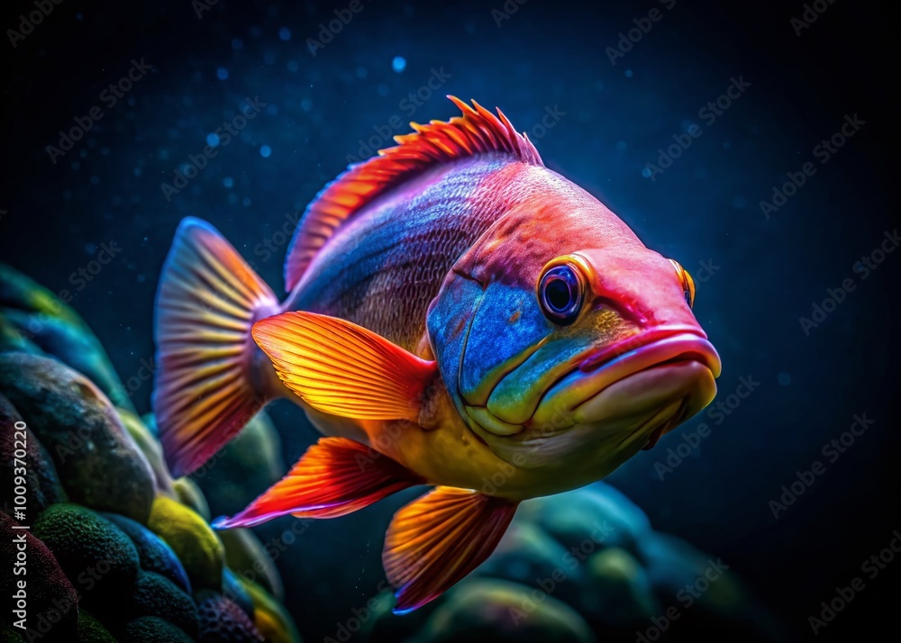 Majestic Fish Swimming Gracefully in the Mysterious Depths of the Dark Oceanic Waters Majestic Fish Swimming Gracefully in the Mysterious Depths of the Dark Oceanic Waters