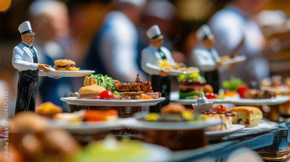 A colorful display of gourmet food with miniature chefs serving various dishes. A colorful display of gourmet food with miniature chefs serving various dishes.