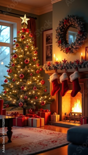 A cozy Christmas scene featuring a beautifully decorated tree, glowing fireplace, and festive stockings, perfect for holiday-themed designs and marketing.